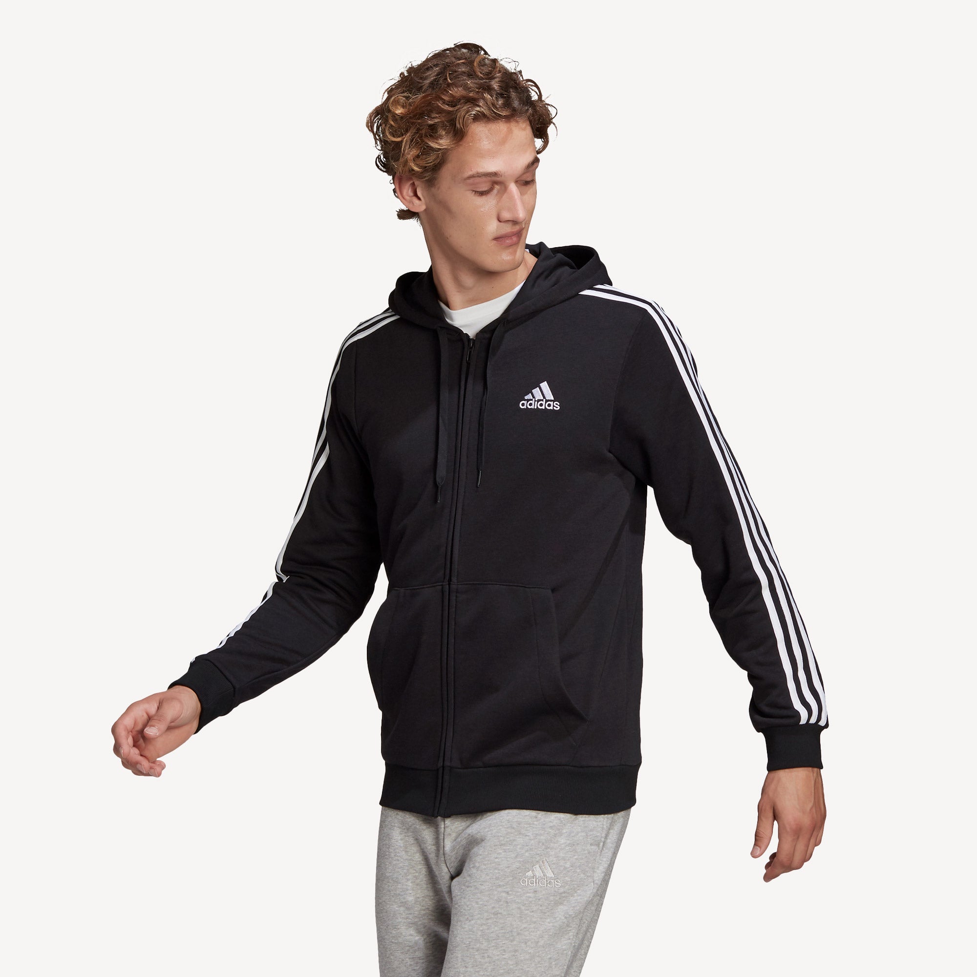 adidas Essentials Men's 3-Stripe Full-Zip Hoodie Black (1)