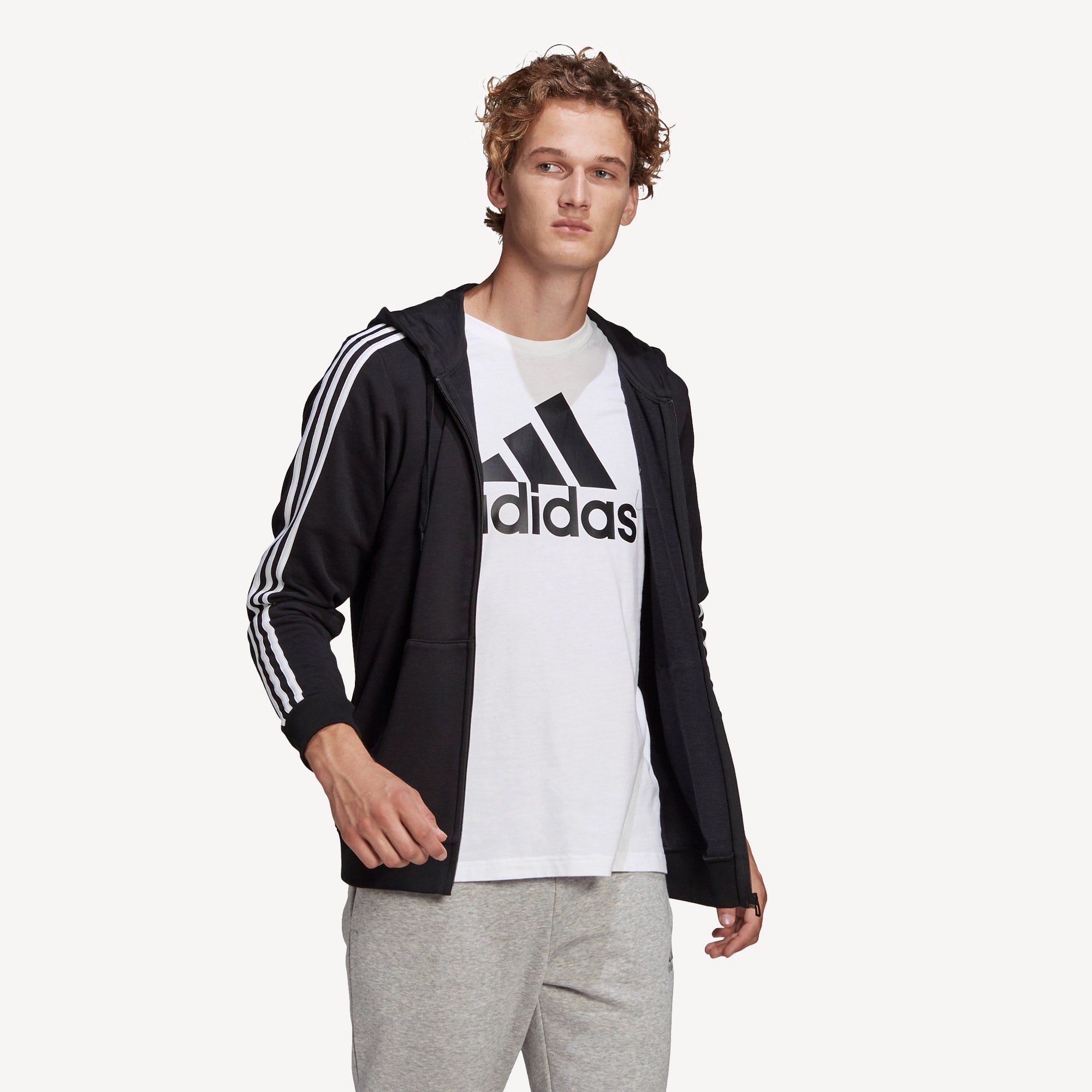 adidas Essentials Men's 3-Stripe Full-Zip Hoodie Black (3)